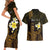 Personalised Hawaii King Kamehameha Day Couples Matching Short Sleeve Bodycon Dress and Hawaiian Shirt Plumeria With Kakau Pattern - Gold