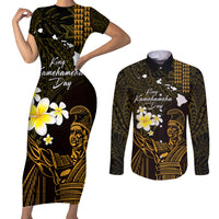 Personalised Hawaii King Kamehameha Day Couples Matching Short Sleeve Bodycon Dress and Long Sleeve Button Shirt Plumeria With Kakau Pattern - Gold