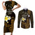 Personalised Hawaii King Kamehameha Day Couples Matching Short Sleeve Bodycon Dress and Long Sleeve Button Shirt Plumeria With Kakau Pattern - Gold