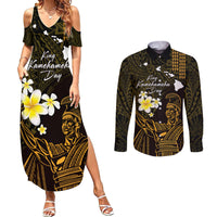 Personalised Hawaii King Kamehameha Day Couples Matching Summer Maxi Dress and Long Sleeve Button Shirt Plumeria With Kakau Pattern - Gold