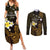 Personalised Hawaii King Kamehameha Day Couples Matching Summer Maxi Dress and Long Sleeve Button Shirt Plumeria With Kakau Pattern - Gold