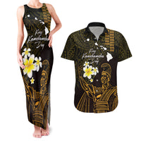 Personalised Hawaii King Kamehameha Day Couples Matching Tank Maxi Dress and Hawaiian Shirt Plumeria With Kakau Pattern - Gold