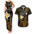 Personalised Hawaii King Kamehameha Day Couples Matching Tank Maxi Dress and Hawaiian Shirt Plumeria With Kakau Pattern - Gold