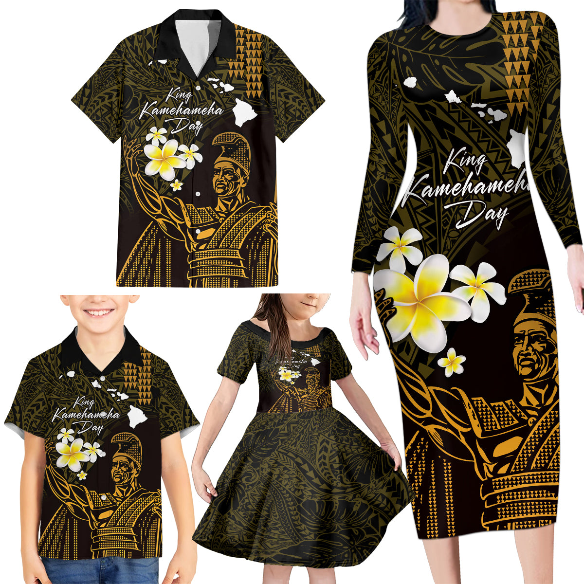 Personalised Hawaii King Kamehameha Day Family Matching Long Sleeve Bodycon Dress and Hawaiian Shirt Plumeria With Kakau Pattern - Gold