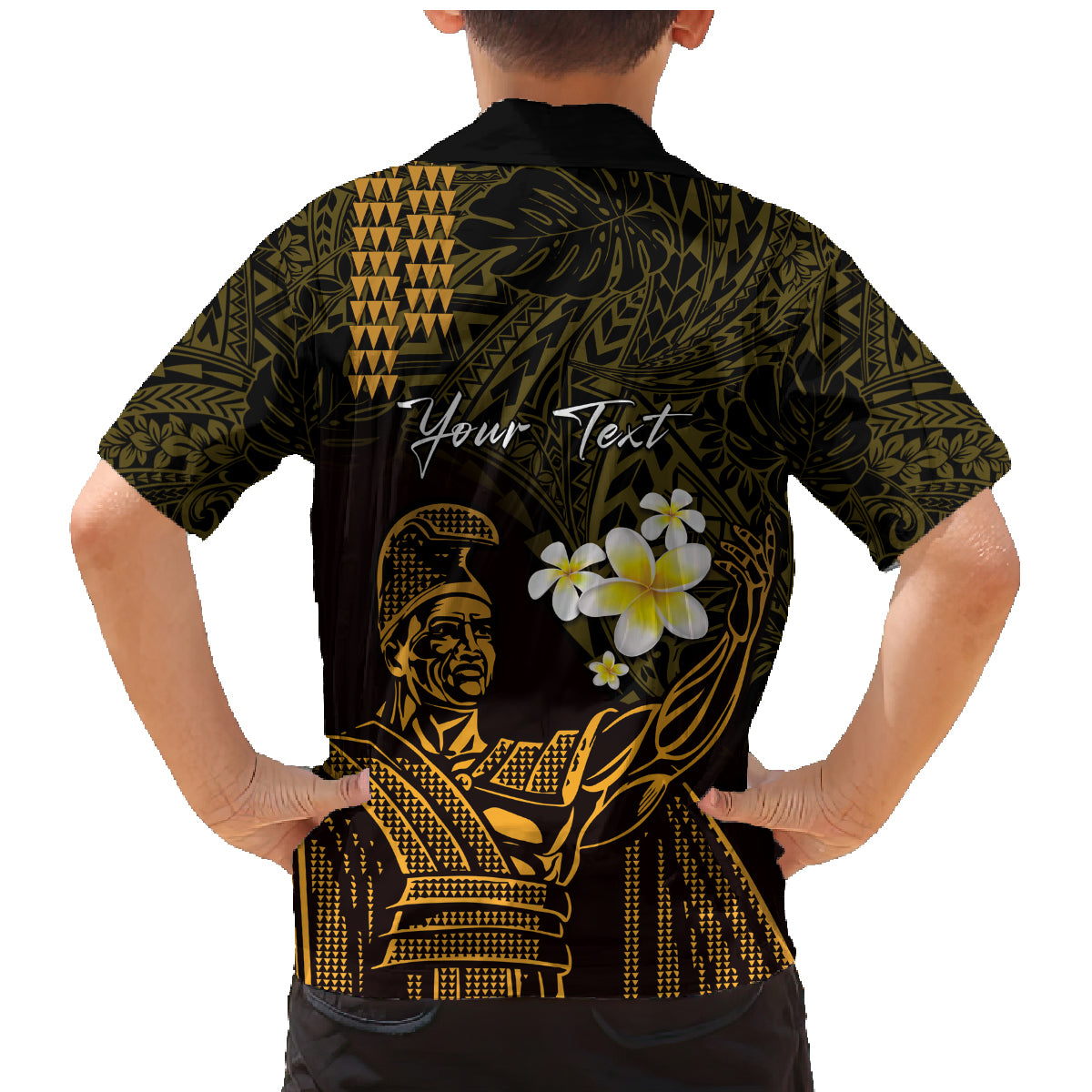 Personalised Hawaii King Kamehameha Day Family Matching Mermaid Dress and Hawaiian Shirt Plumeria With Kakau Pattern - Gold