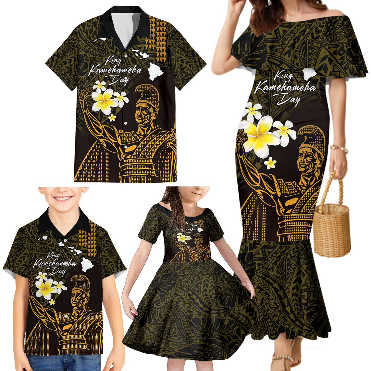 Personalised Hawaii King Kamehameha Day Family Matching Mermaid Dress and Hawaiian Shirt Plumeria With Kakau Pattern - Gold