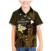 Personalised Hawaii King Kamehameha Day Family Matching Mermaid Dress and Hawaiian Shirt Plumeria With Kakau Pattern - Gold