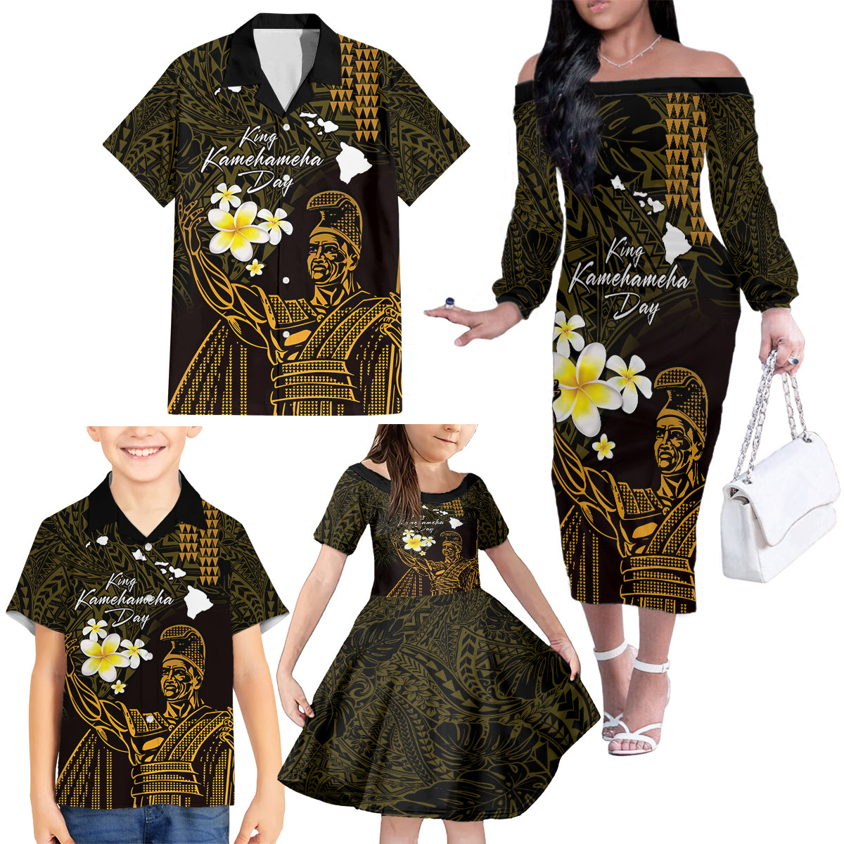 Personalised Hawaii King Kamehameha Day Family Matching Off The Shoulder Long Sleeve Dress and Hawaiian Shirt Plumeria With Kakau Pattern - Gold