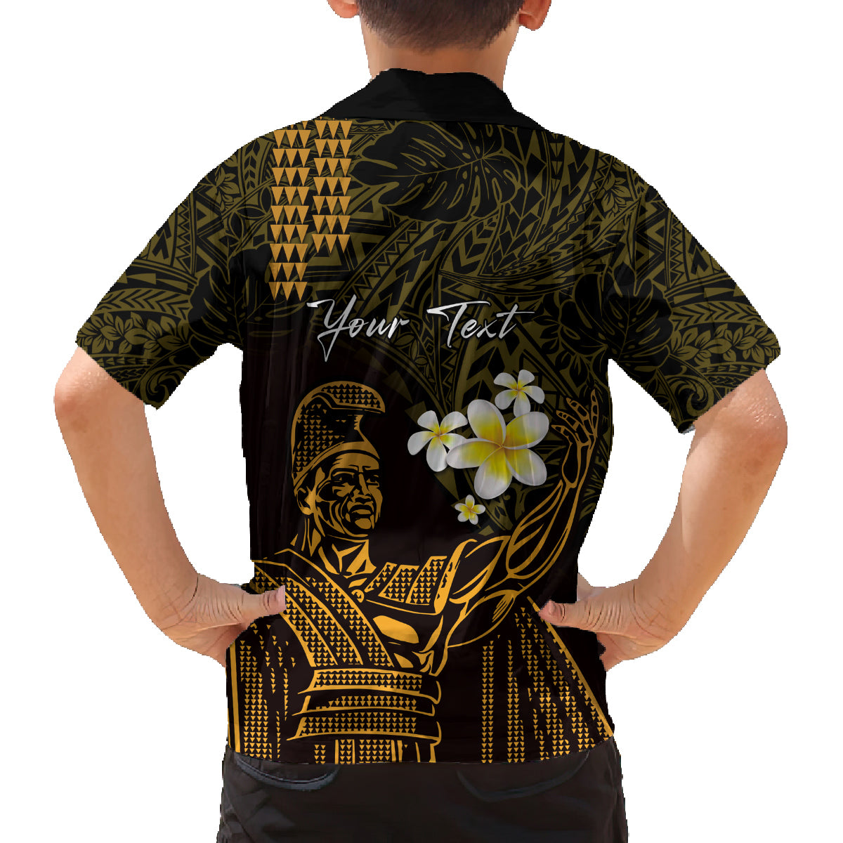 Personalised Hawaii King Kamehameha Day Family Matching Off Shoulder Maxi Dress and Hawaiian Shirt Plumeria With Kakau Pattern - Gold