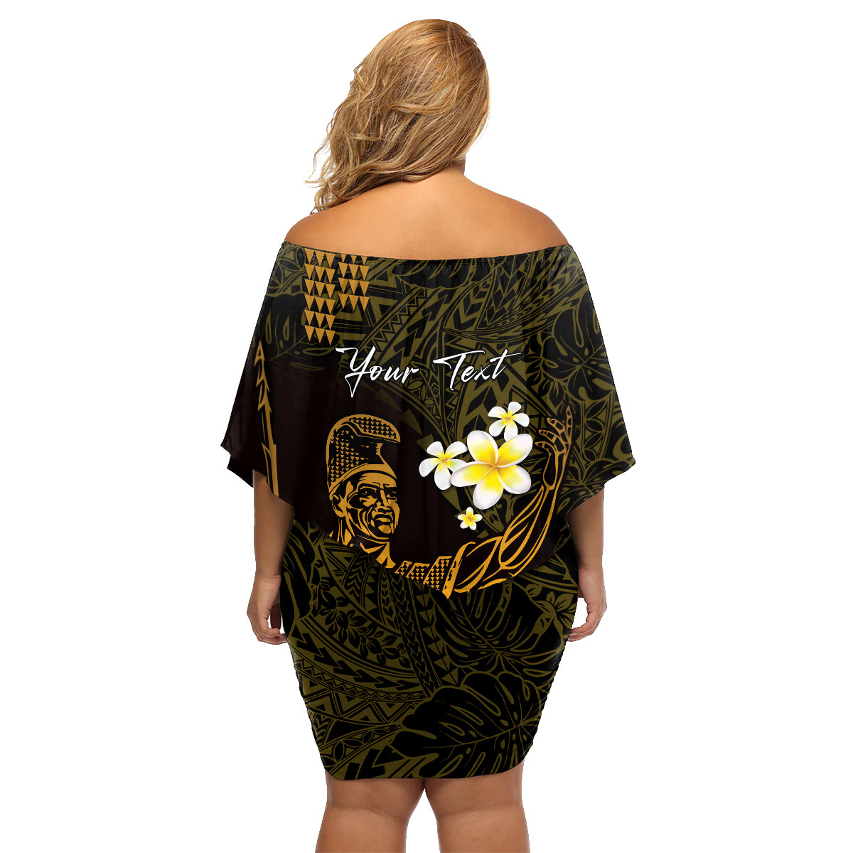 Personalised Hawaii King Kamehameha Day Family Matching Off Shoulder Short Dress and Hawaiian Shirt Plumeria With Kakau Pattern - Gold