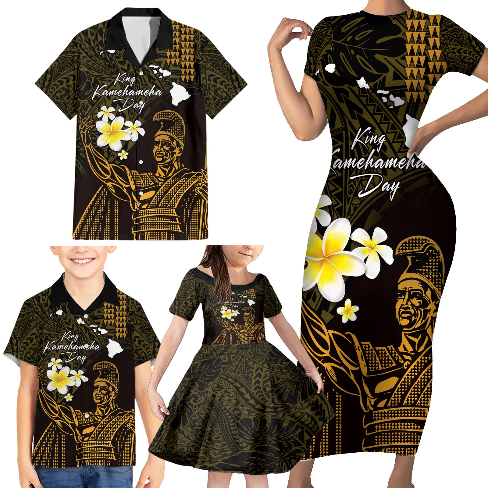 Personalised Hawaii King Kamehameha Day Family Matching Short Sleeve Bodycon Dress and Hawaiian Shirt Plumeria With Kakau Pattern - Gold