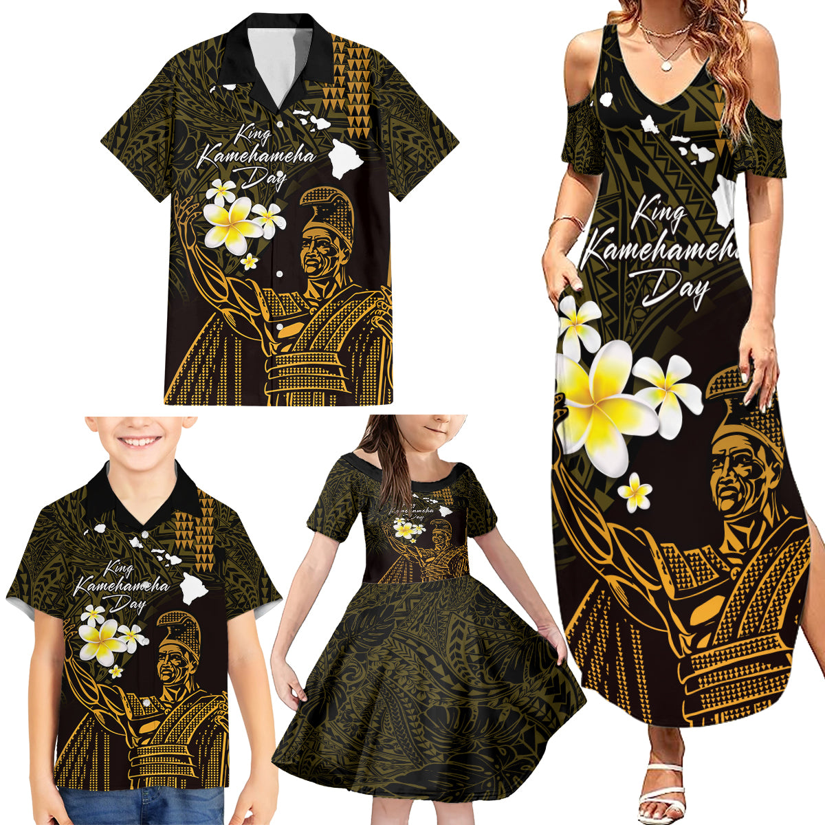 Personalised Hawaii King Kamehameha Day Family Matching Summer Maxi Dress and Hawaiian Shirt Plumeria With Kakau Pattern - Gold