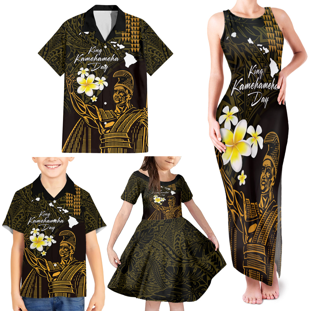 Personalised Hawaii King Kamehameha Day Family Matching Tank Maxi Dress and Hawaiian Shirt Plumeria With Kakau Pattern - Gold