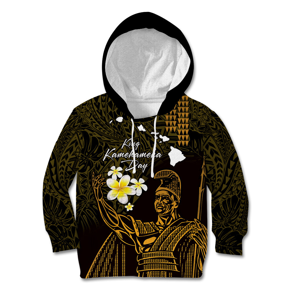 Personalised Hawaii King Kamehameha Day Kid Hoodie Plumeria With Kakau Pattern - Gold