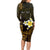 Personalised Hawaii King Kamehameha Day Long Sleeve Bodycon Dress Plumeria With Kakau Pattern - Gold