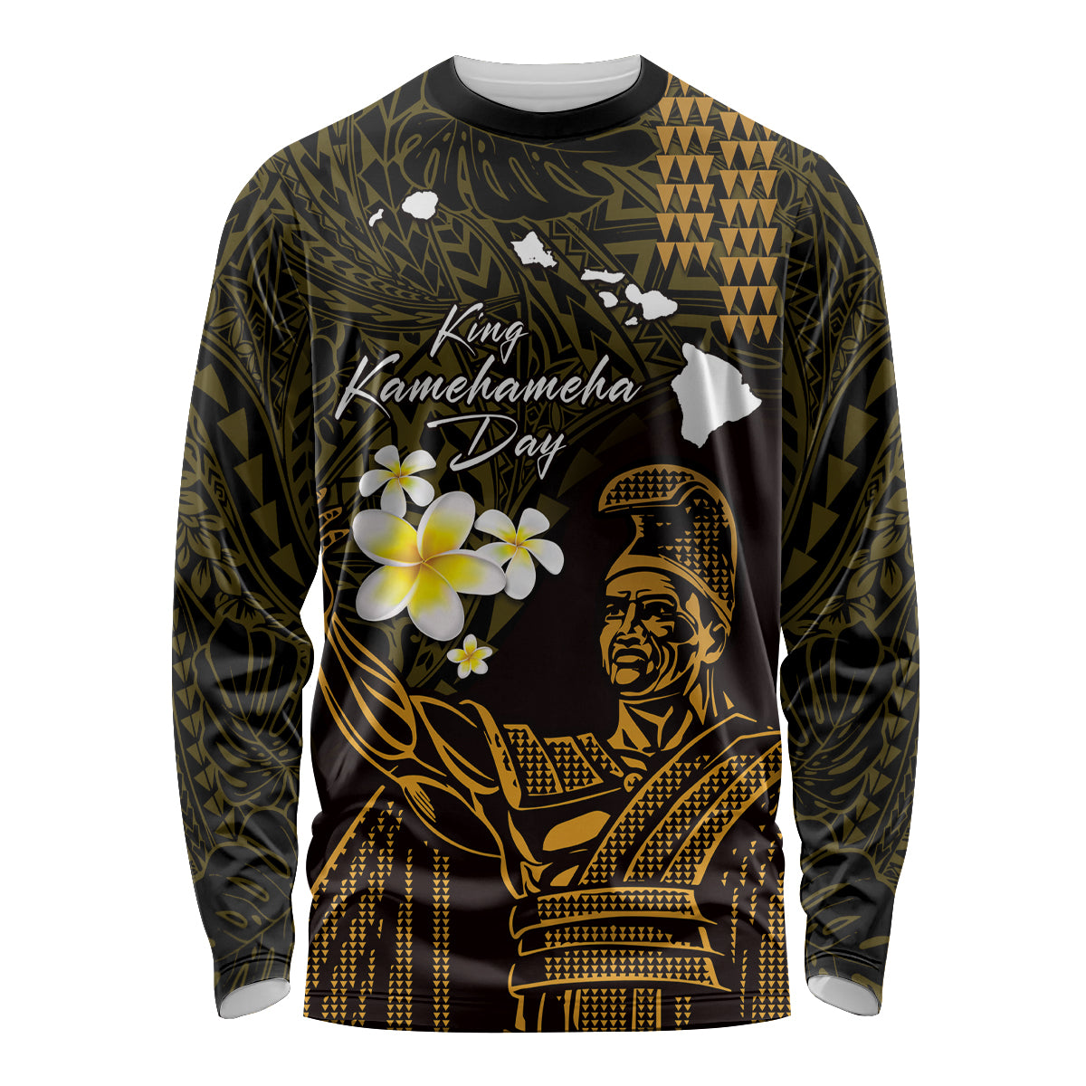 Personalised Hawaii King Kamehameha Day Long Sleeve Shirt Plumeria With Kakau Pattern - Gold