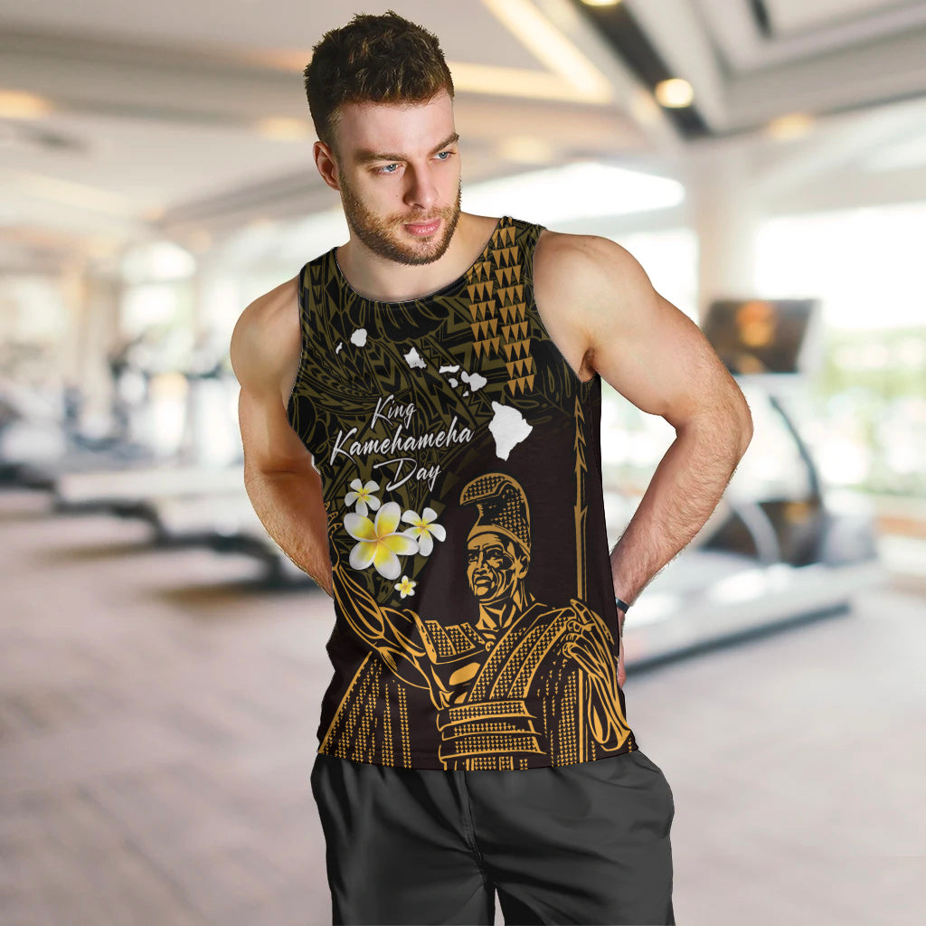 Personalised Hawaii King Kamehameha Day Men Tank Top Plumeria With Kakau Pattern - Gold