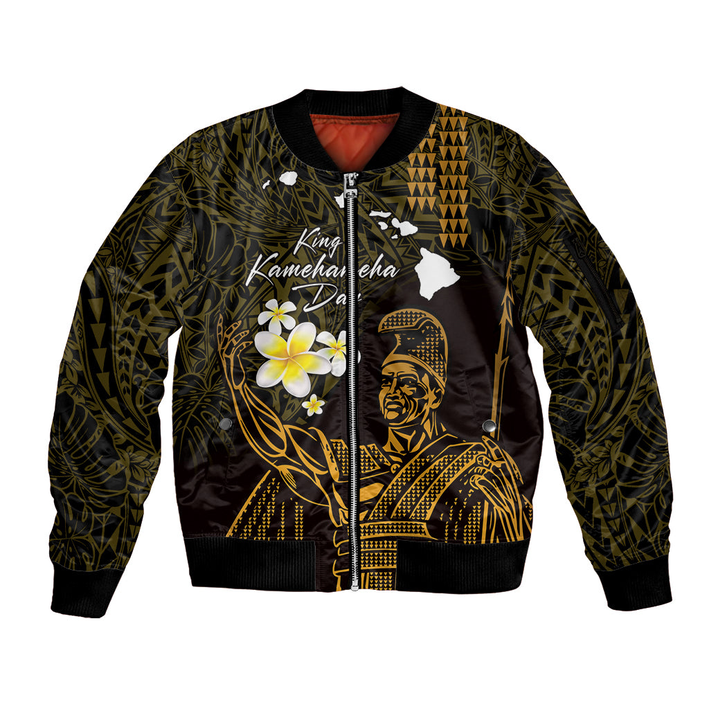 Personalised Hawaii King Kamehameha Day Sleeve Zip Bomber Jacket Plumeria With Kakau Pattern - Gold