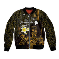 Personalised Hawaii King Kamehameha Day Sleeve Zip Bomber Jacket Plumeria With Kakau Pattern - Gold
