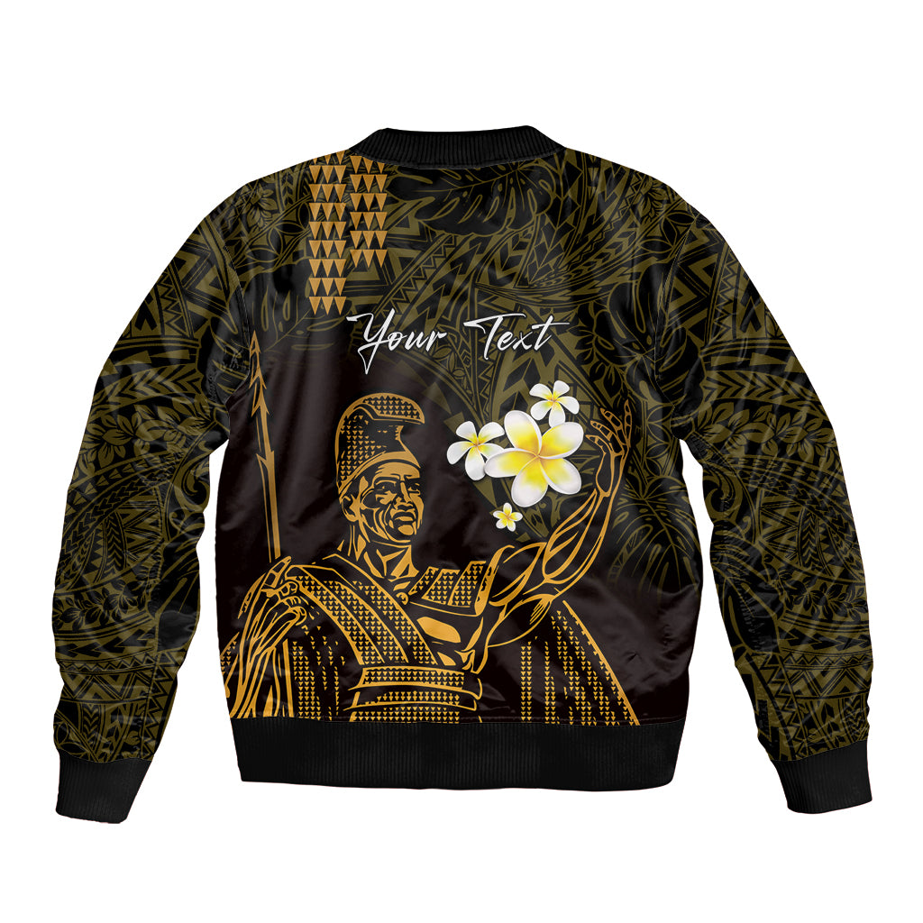 Personalised Hawaii King Kamehameha Day Sleeve Zip Bomber Jacket Plumeria With Kakau Pattern - Gold