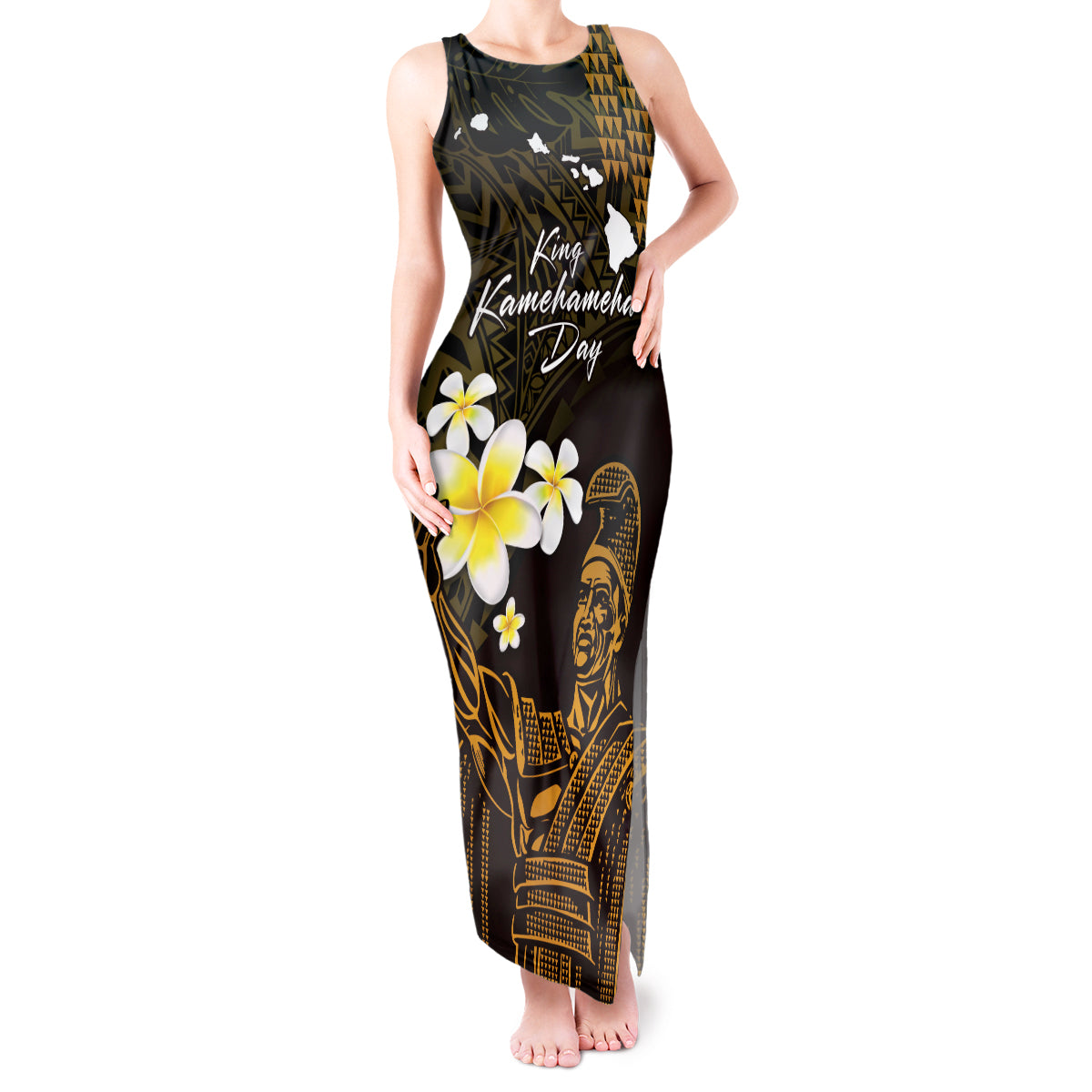 Personalised Hawaii King Kamehameha Day Tank Maxi Dress Plumeria With Kakau Pattern - Gold