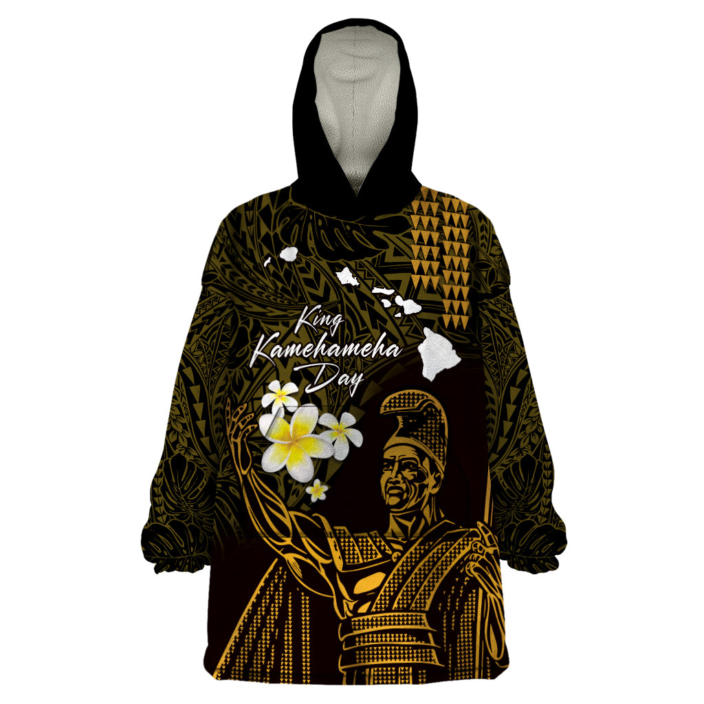 Personalised Hawaii King Kamehameha Day Wearable Blanket Hoodie Plumeria With Kakau Pattern - Gold