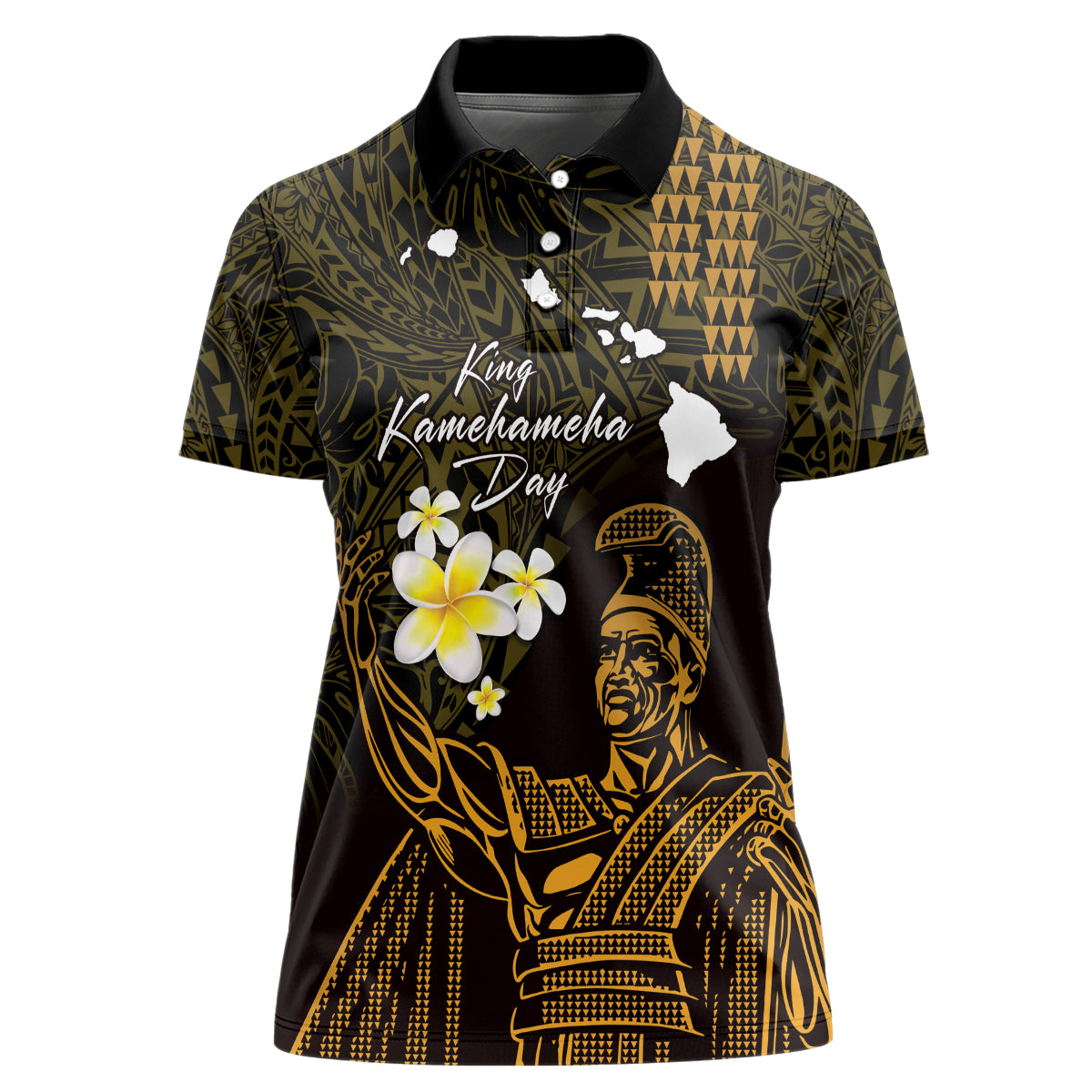 Personalised Hawaii King Kamehameha Day Women Polo Shirt Plumeria With Kakau Pattern - Gold