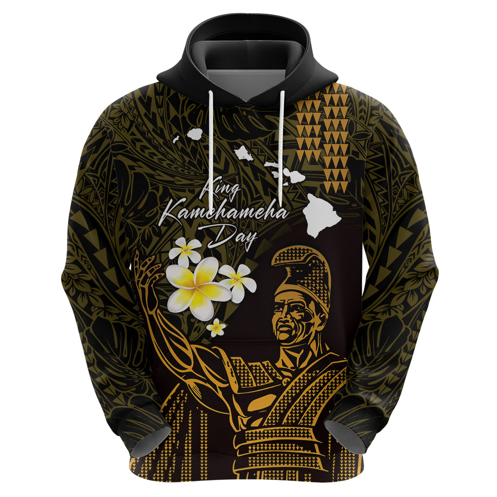 Personalised Hawaii King Kamehameha Day Zip Hoodie Plumeria With Kakau Pattern - Gold