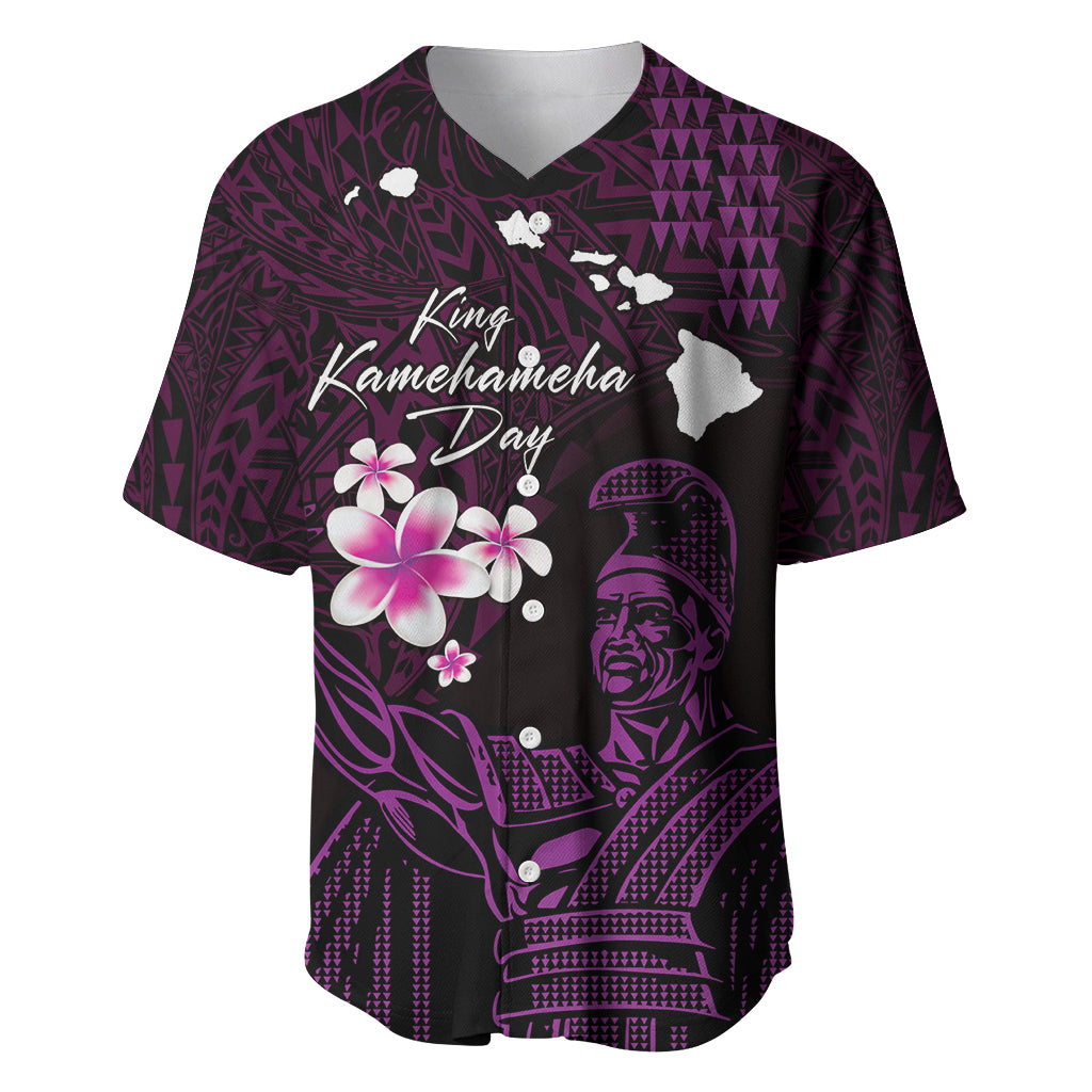 Personalised Hawaii King Kamehameha Day Baseball Jersey Plumeria With Kakau Pattern - Purple