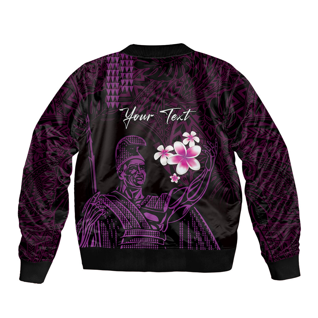 Personalised Hawaii King Kamehameha Day Bomber Jacket Plumeria With Kakau Pattern - Purple