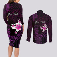 Personalised Hawaii King Kamehameha Day Couples Matching Long Sleeve Bodycon Dress and Long Sleeve Button Shirt Plumeria With Kakau Pattern - Purple