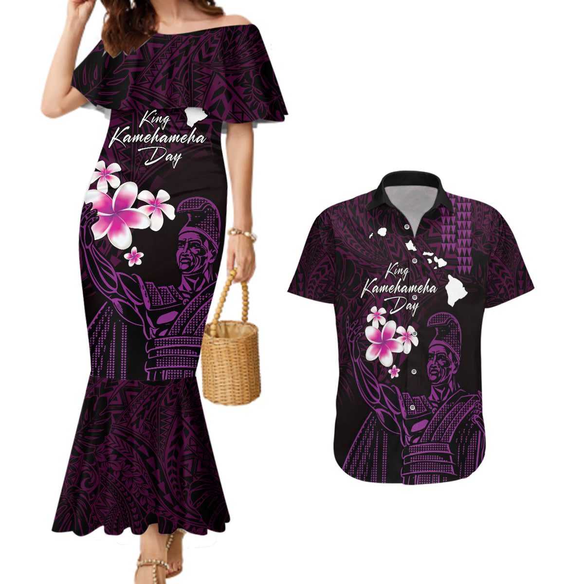 Personalised Hawaii King Kamehameha Day Couples Matching Mermaid Dress and Hawaiian Shirt Plumeria With Kakau Pattern - Purple