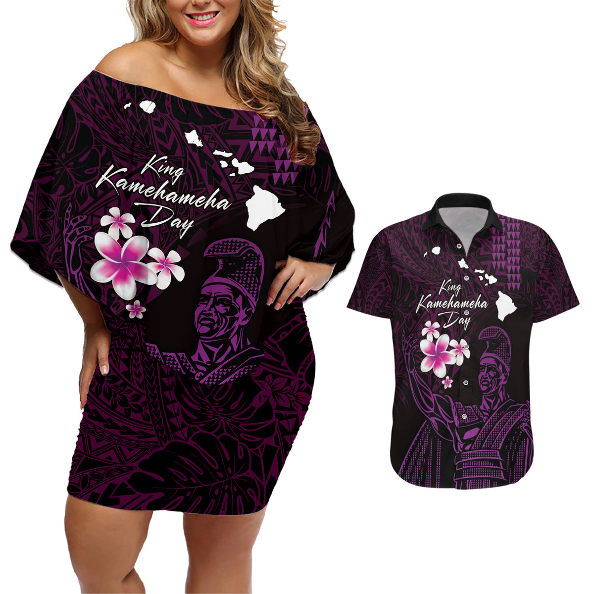 Personalised Hawaii King Kamehameha Day Couples Matching Off Shoulder Short Dress and Hawaiian Shirt Plumeria With Kakau Pattern - Purple
