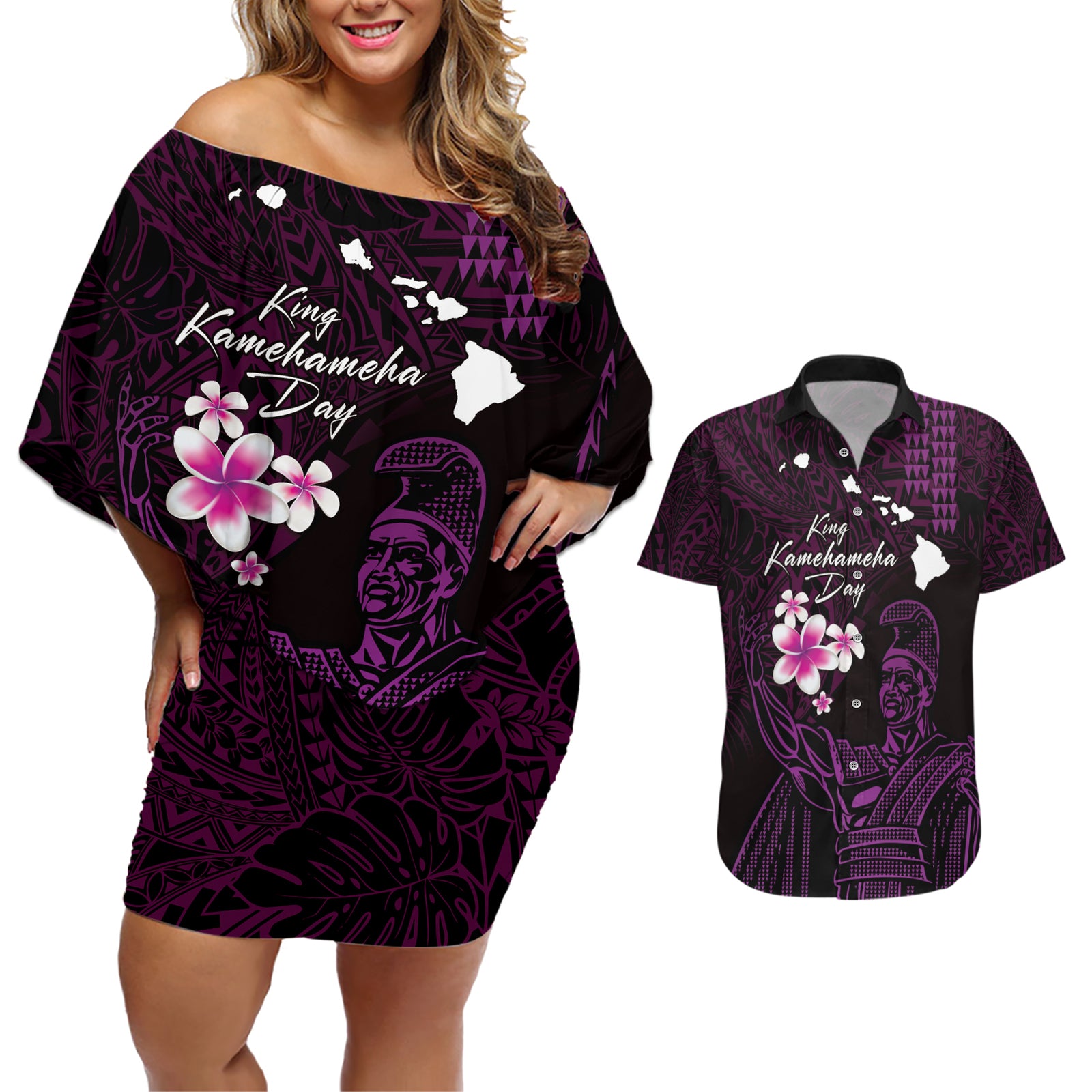 Personalised Hawaii King Kamehameha Day Couples Matching Off Shoulder Short Dress and Hawaiian Shirt Plumeria With Kakau Pattern - Purple