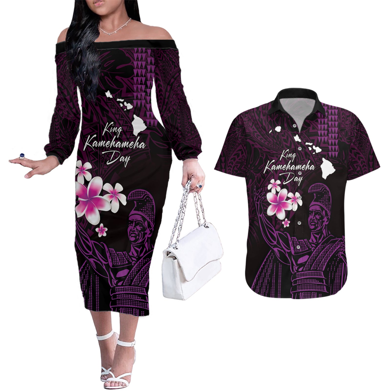 Personalised Hawaii King Kamehameha Day Couples Matching Off The Shoulder Long Sleeve Dress and Hawaiian Shirt Plumeria With Kakau Pattern - Purple