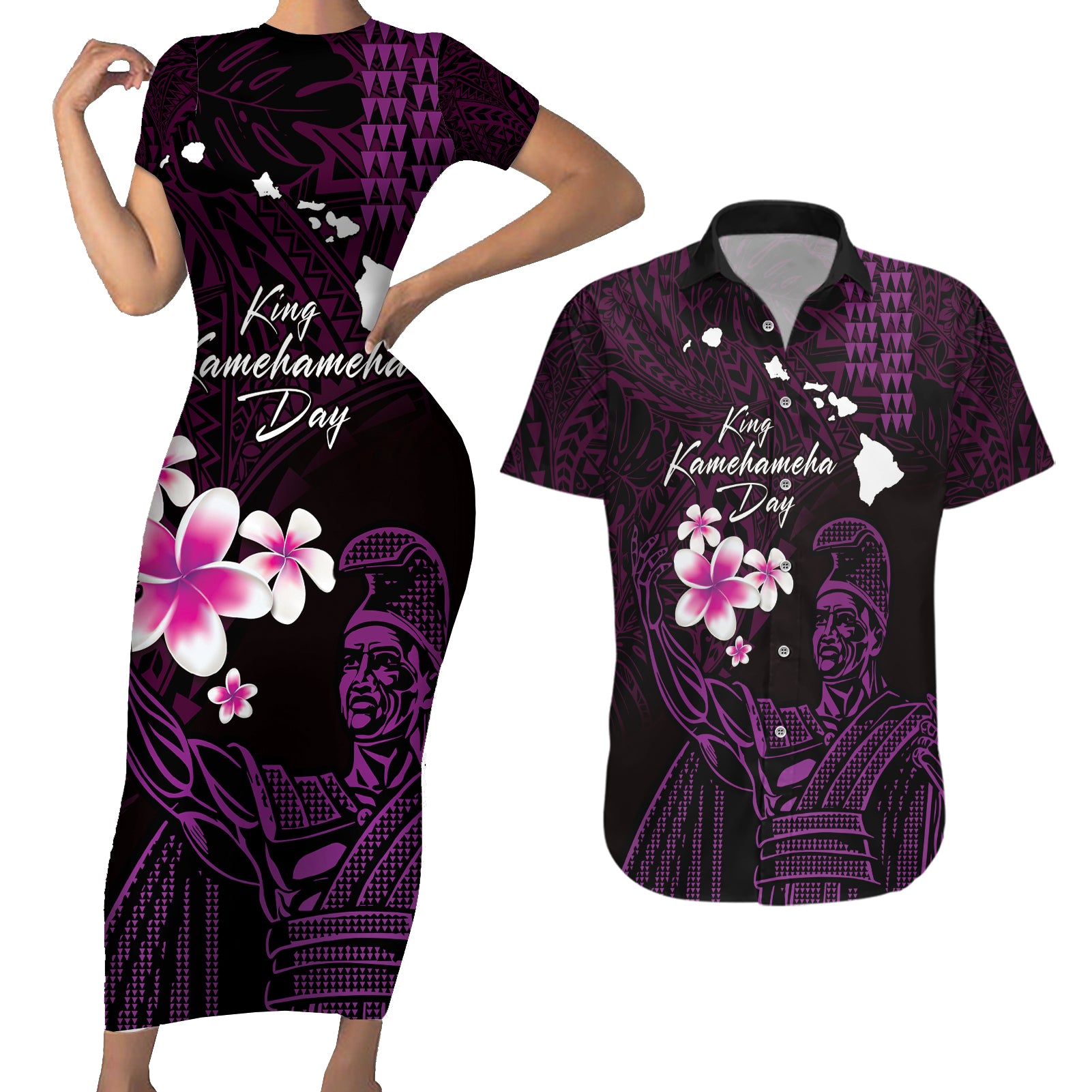 Personalised Hawaii King Kamehameha Day Couples Matching Short Sleeve Bodycon Dress and Hawaiian Shirt Plumeria With Kakau Pattern - Purple