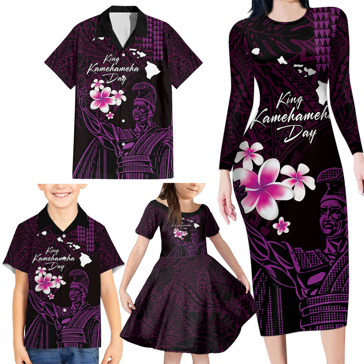 Personalised Hawaii King Kamehameha Day Family Matching Long Sleeve Bodycon Dress and Hawaiian Shirt Plumeria With Kakau Pattern - Purple