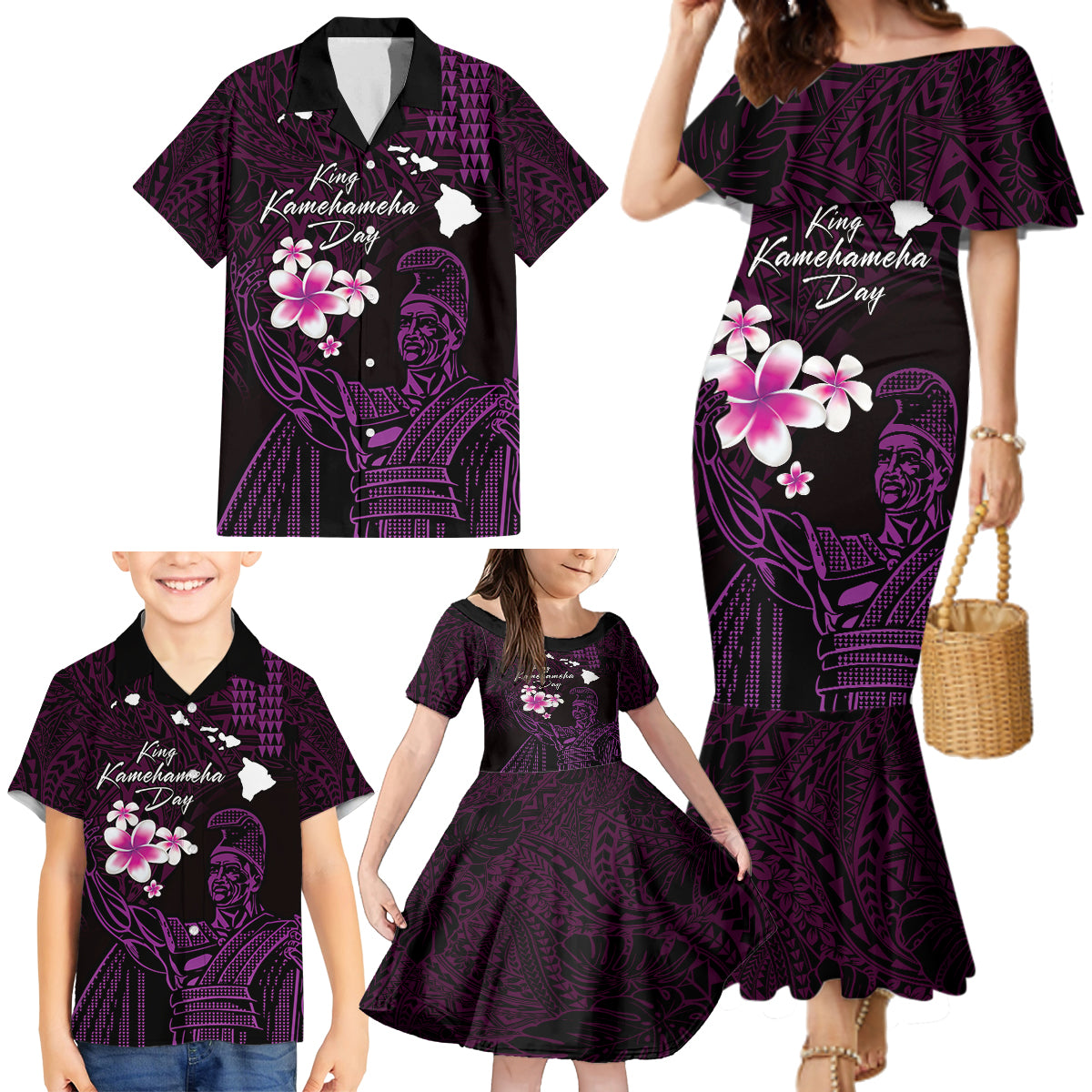 Personalised Hawaii King Kamehameha Day Family Matching Mermaid Dress and Hawaiian Shirt Plumeria With Kakau Pattern - Purple