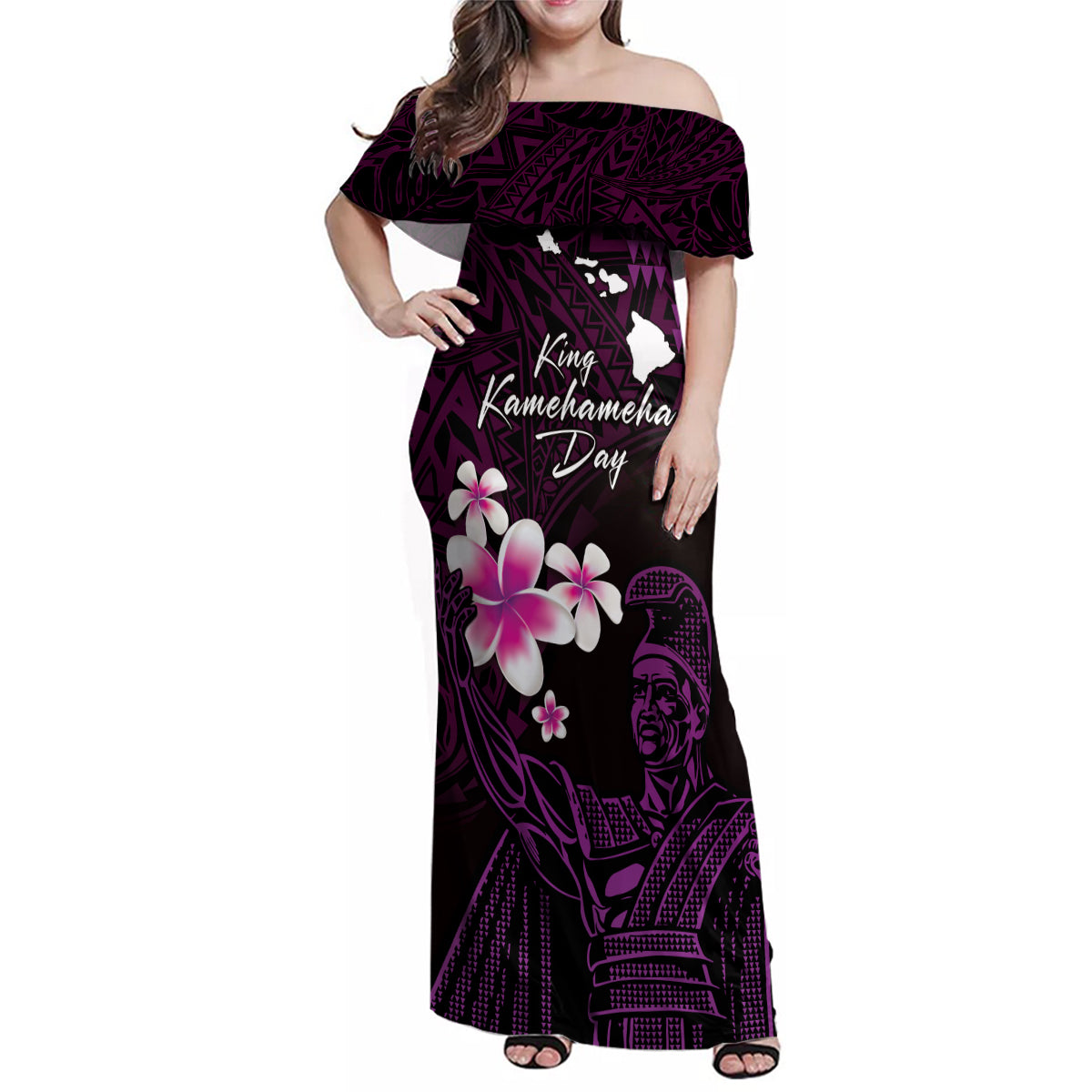 Personalised Hawaii King Kamehameha Day Family Matching Off Shoulder Maxi Dress and Hawaiian Shirt Plumeria With Kakau Pattern - Purple
