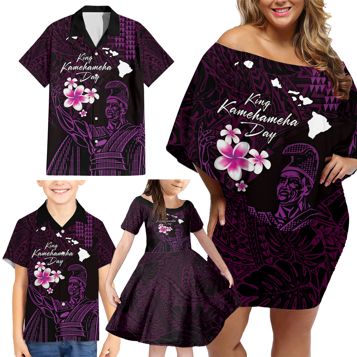 Personalised Hawaii King Kamehameha Day Family Matching Off Shoulder Short Dress and Hawaiian Shirt Plumeria With Kakau Pattern - Purple