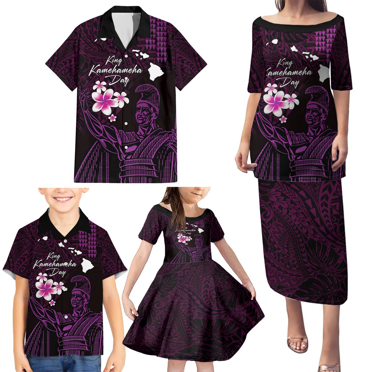 Personalised Hawaii King Kamehameha Day Family Matching Puletasi and Hawaiian Shirt Plumeria With Kakau Pattern - Purple