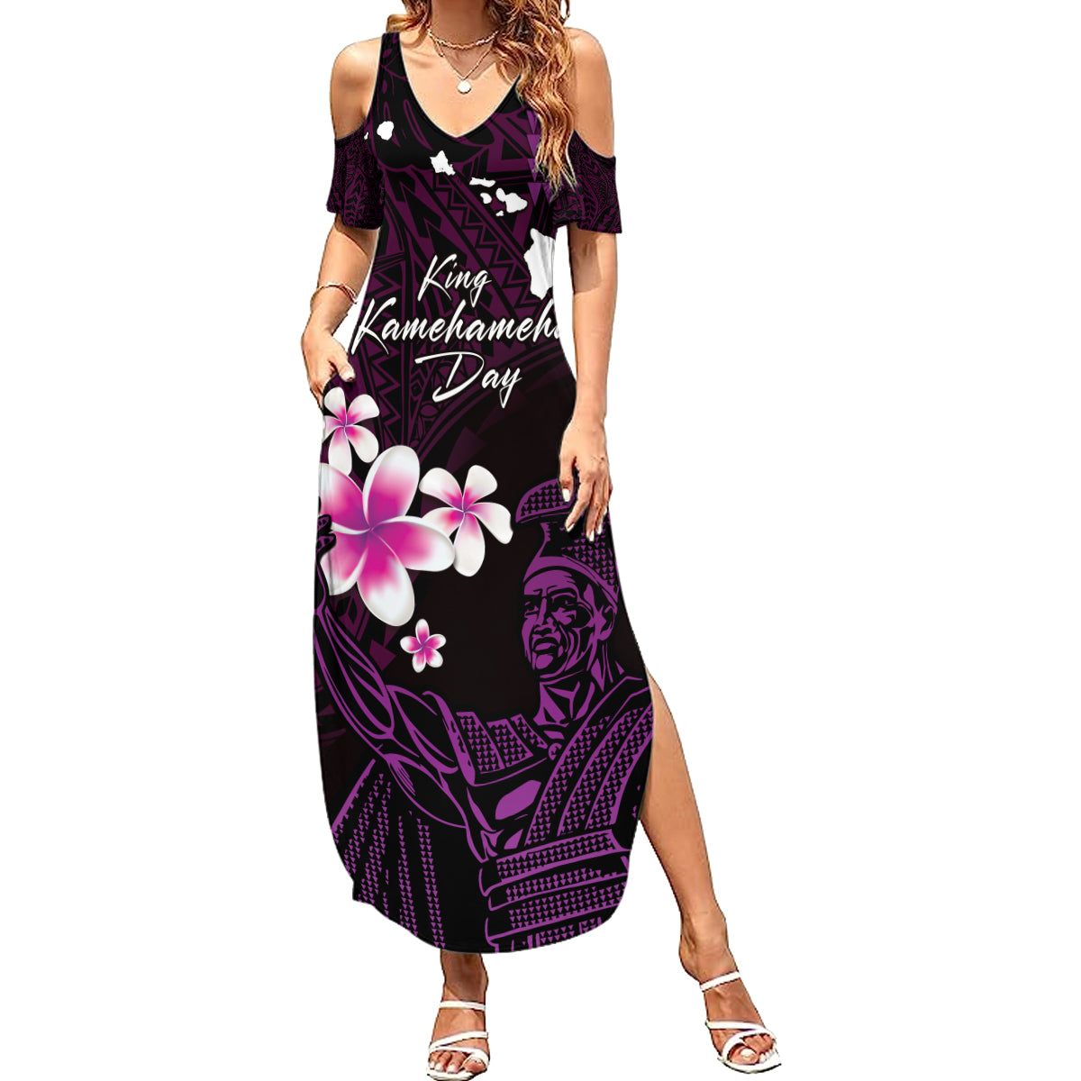 Personalised Hawaii King Kamehameha Day Family Matching Summer Maxi Dress and Hawaiian Shirt Plumeria With Kakau Pattern - Purple