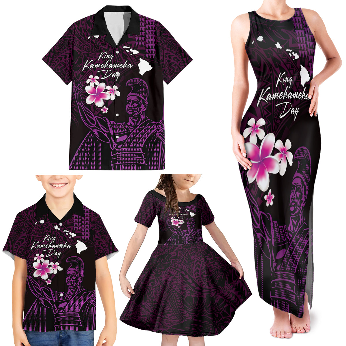 Personalised Hawaii King Kamehameha Day Family Matching Tank Maxi Dress and Hawaiian Shirt Plumeria With Kakau Pattern - Purple