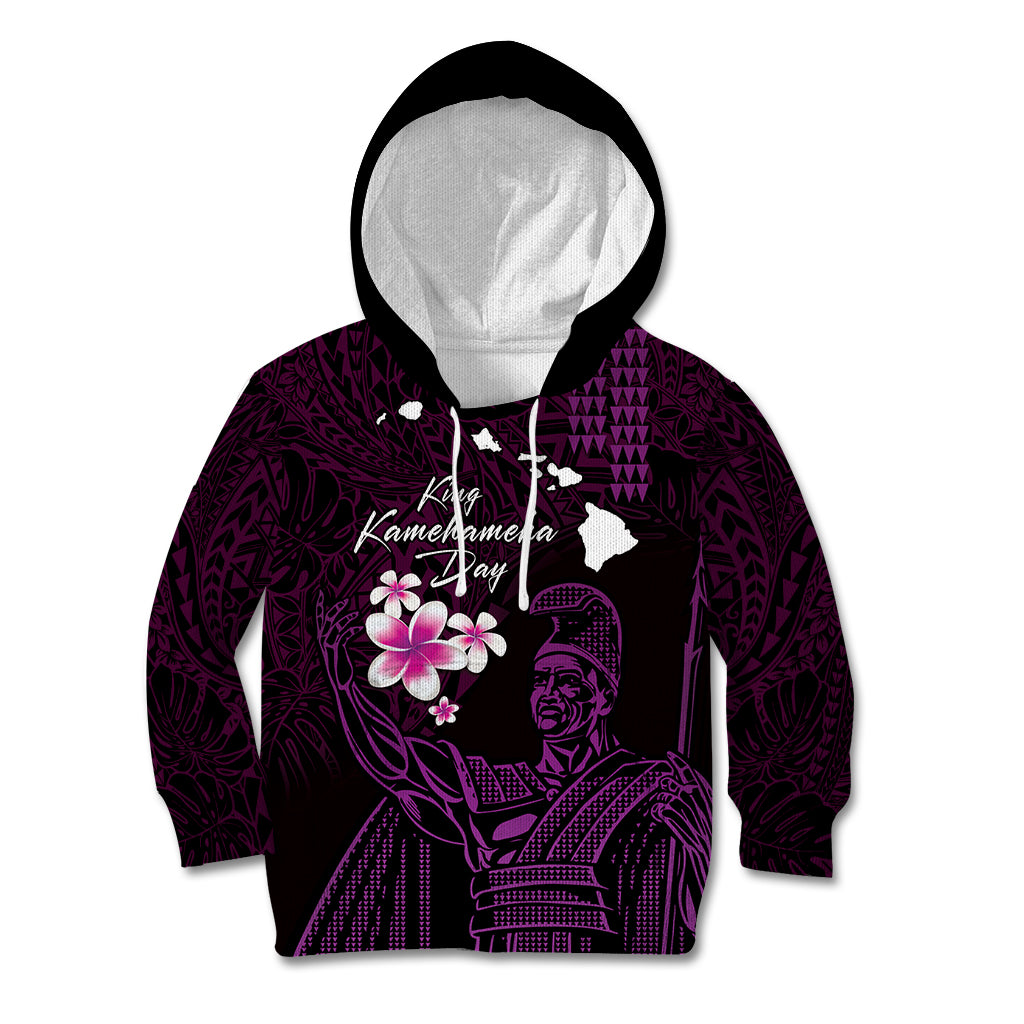 Personalised Hawaii King Kamehameha Day Kid Hoodie Plumeria With Kakau Pattern - Purple
