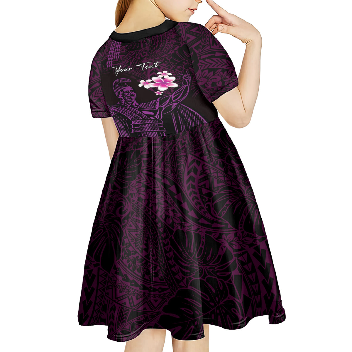 Personalised Hawaii King Kamehameha Day Kid Short Sleeve Dress Plumeria With Kakau Pattern - Purple