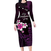 Personalised Hawaii King Kamehameha Day Long Sleeve Bodycon Dress Plumeria With Kakau Pattern - Purple