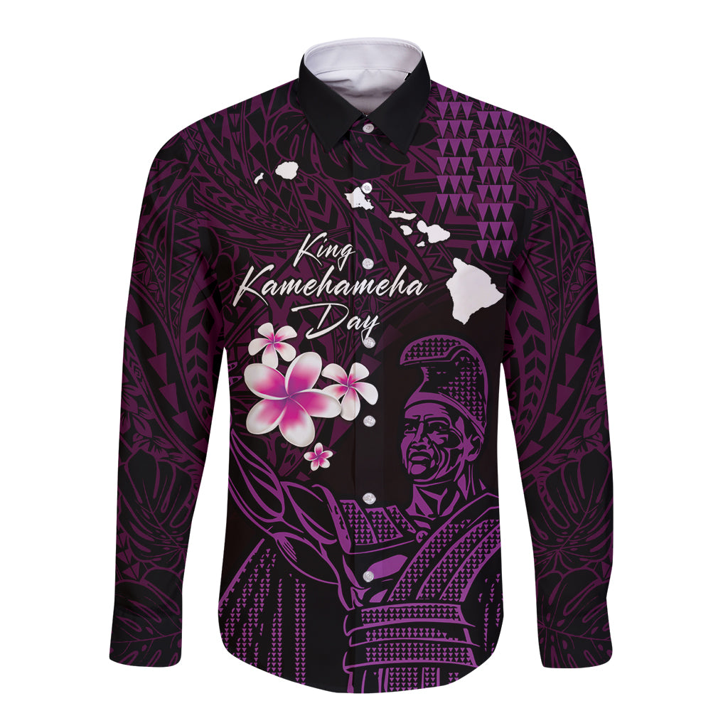 Personalised Hawaii King Kamehameha Day Long Sleeve Button Shirt Plumeria With Kakau Pattern - Purple