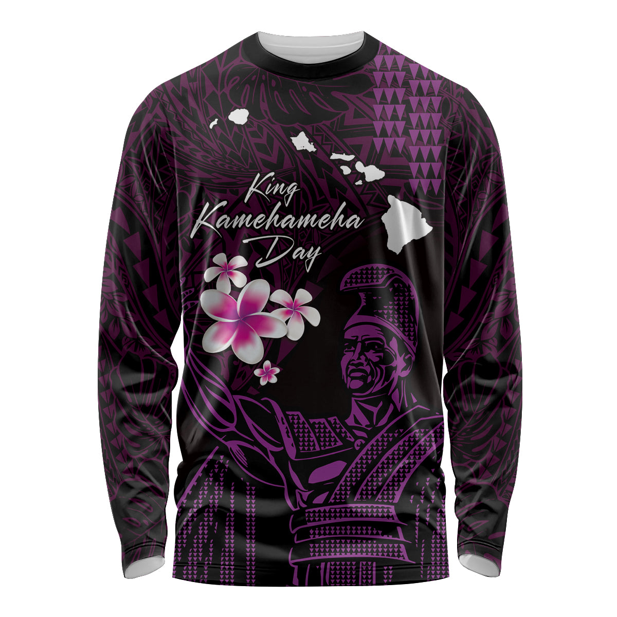 Personalised Hawaii King Kamehameha Day Long Sleeve Shirt Plumeria With Kakau Pattern - Purple