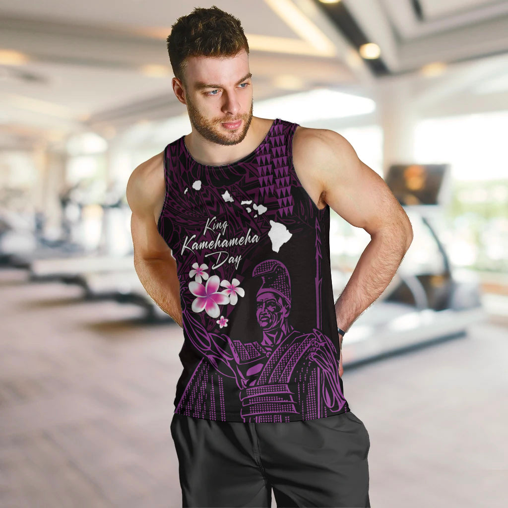 Personalised Hawaii King Kamehameha Day Men Tank Top Plumeria With Kakau Pattern - Purple