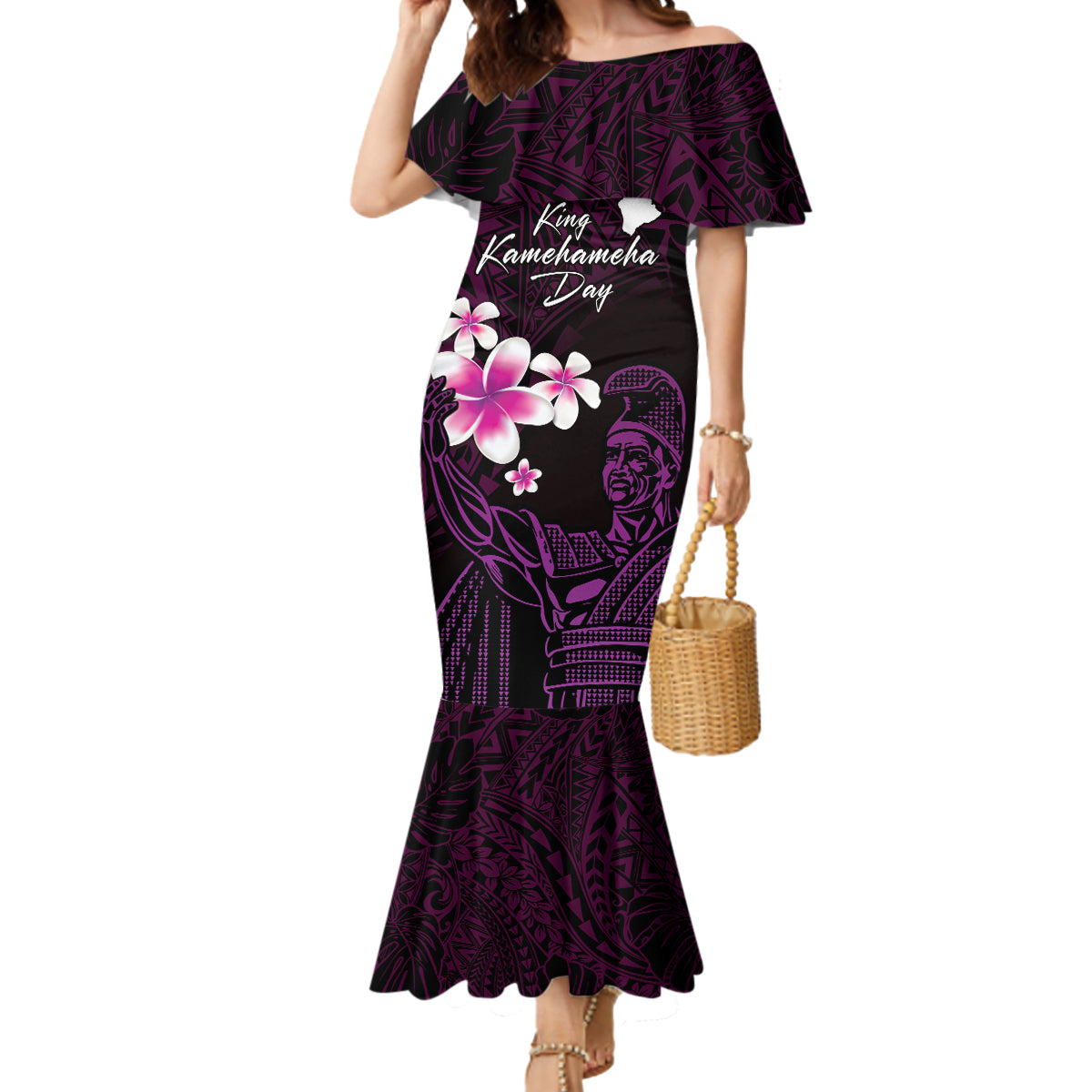 Personalised Hawaii King Kamehameha Day Mermaid Dress Plumeria With Kakau Pattern - Purple